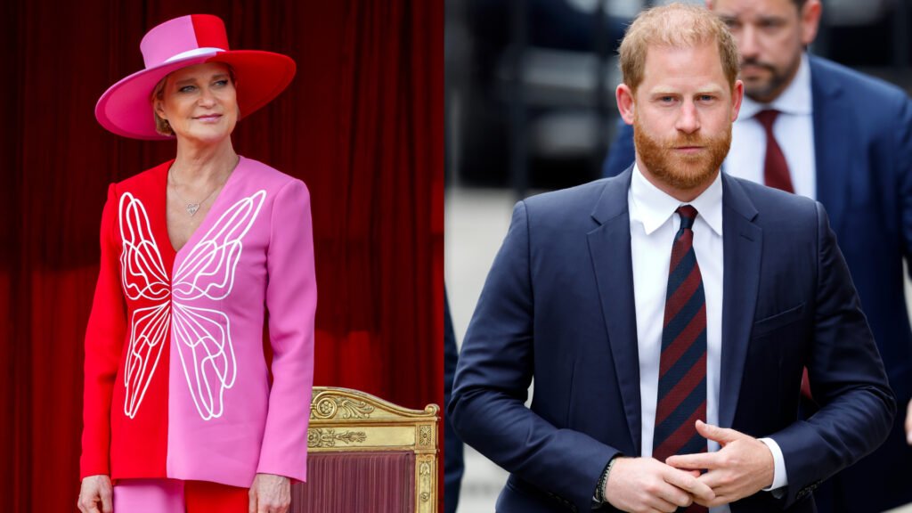 Belgian Princess Defends Prince Harry in New Interview: “Everybody’s Bullying Him” Princess Delphine wearing a red and pink suit with a butterfly; Prince Harry wearing a blue suit and striped tie