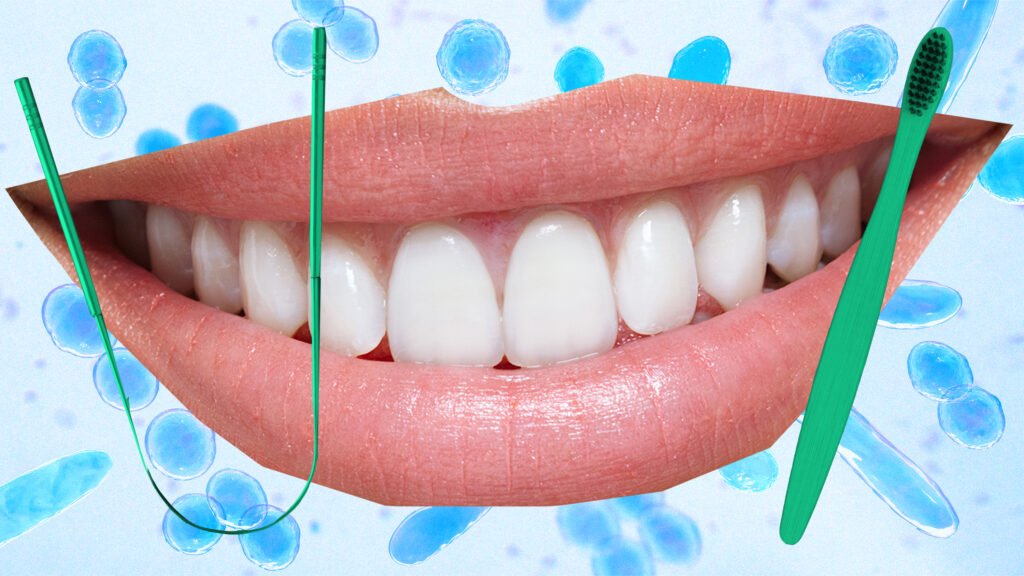 lipsand teeth with blue background
