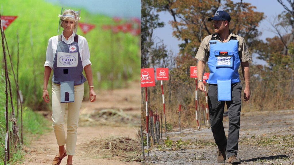 Princess Diana walking through a minefield next to Prince Harry also wearing protective gear walking through a minefield