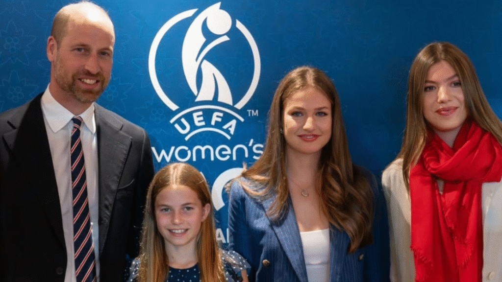 Prince William, Princess Charlotte, Princess Leonor and Infanta Sofia posing at the Women's European soccer championship