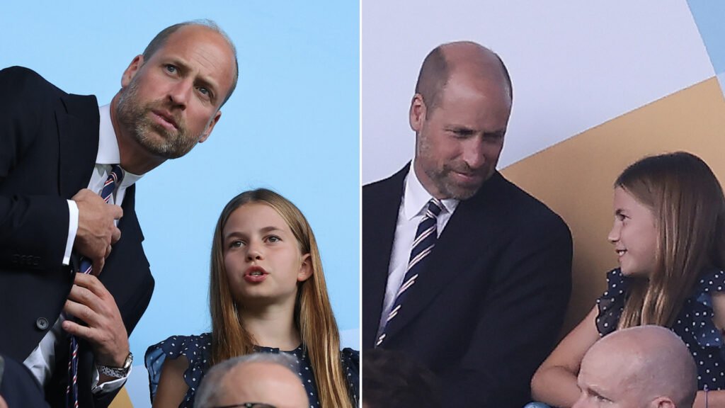 Prince William wears a suit and watches the Lionesses play against Spain alongside daughter Princess Charlotte