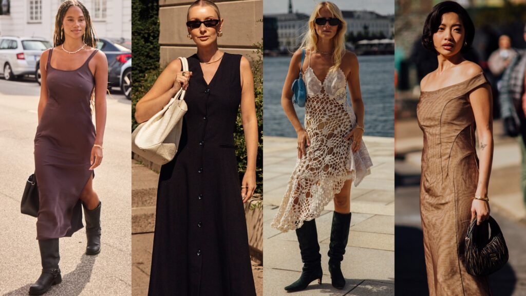 The Best Summer-to-Fall Transitional Dresses to Shop Now collage of women wearing transitional dresses