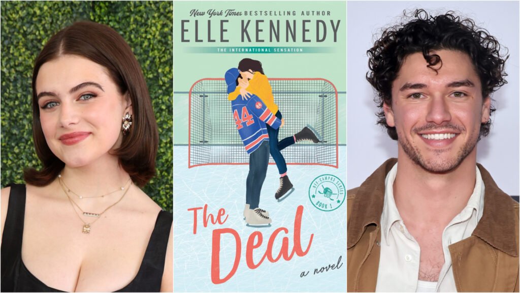 A three-split image of actors Ella Bright (left) and Belmont Cameli (right), stars of the upcoming series 'Off Campus,' based on the book 'The Deal' (center).