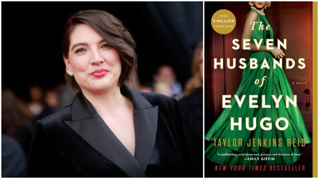 a split image of the cover of the seven husbands of evelyn hugo and taylor jenkins read in a black suit on a red carpet