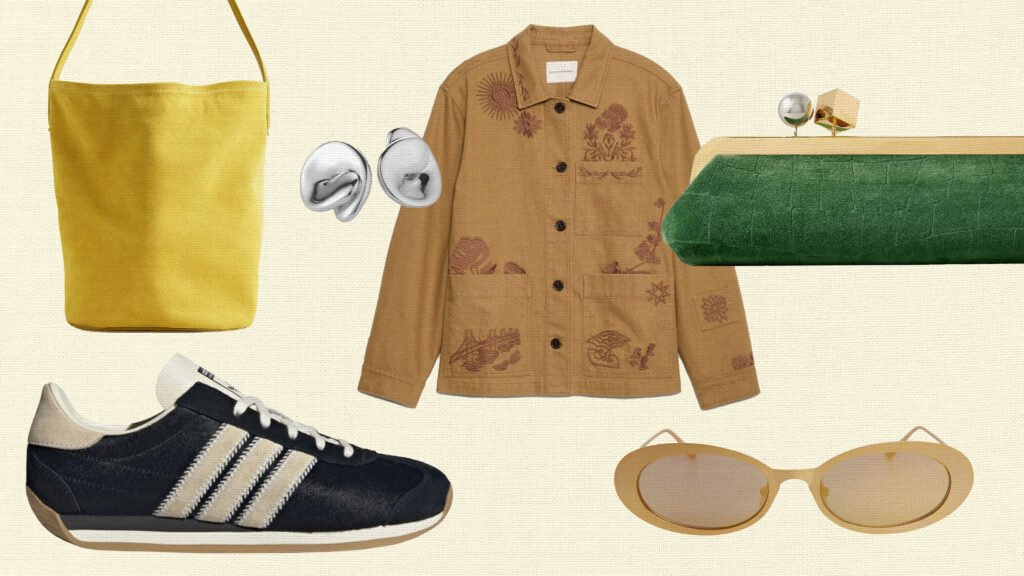 Collage of jacket, earrings, sneakers, bags, and sunglasses