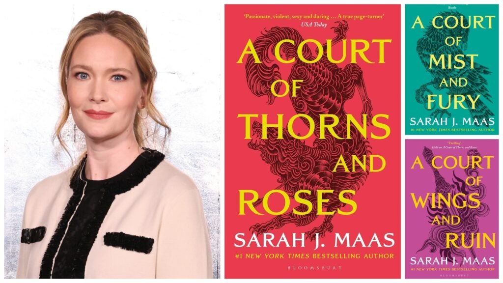 a split image of author sarah j maas at the tory burch fashion show and covers of her acotar book series