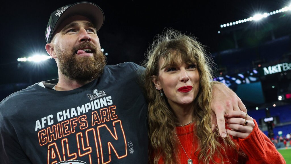 BALTIMORE, MARYLAND - JANUARY 28: Travis Kelce #87 of the Kansas City Chiefs (L) celebrates with Taylor Swift after defeating the Baltimore Ravens in the AFC Championship Game at M&amp;T Bank Stadium on January 28, 2024 in Baltimore, Maryland. (Photo by Patrick Smith/Getty Images)