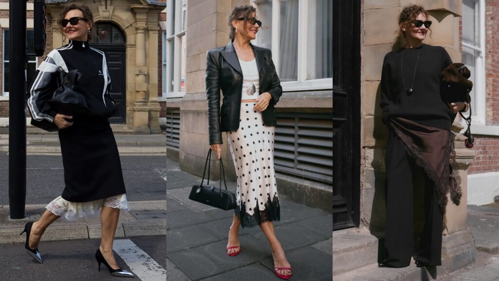 collage of Renia Jaz wearing lace-trimmed skirts and dresses