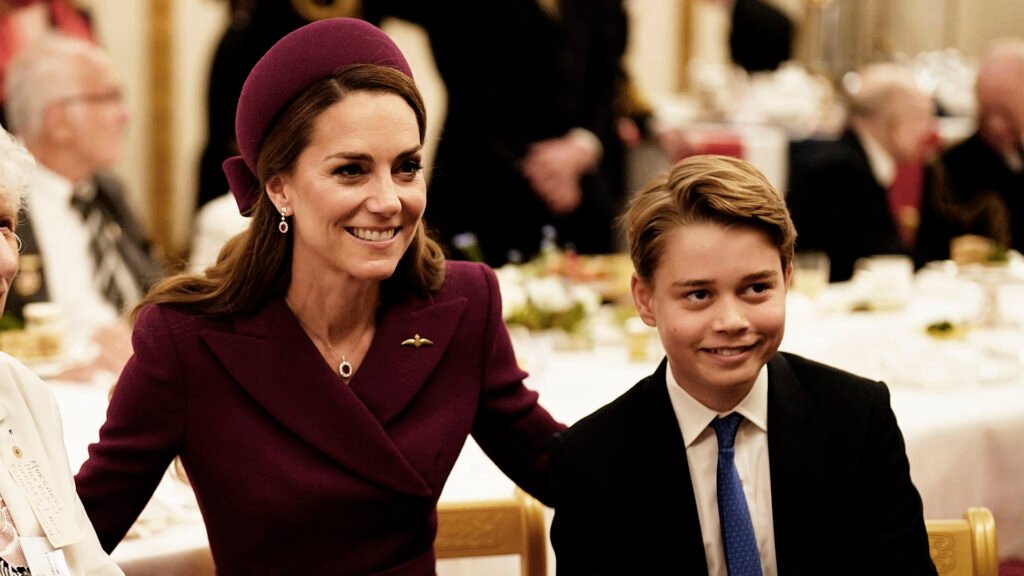 LONDON, ENGLAND - MAY 5: Catherine, Princess of Wales and Prince George join Second World War veterans at a tea party in Buckingham Palace following the military procession to mark the 80th anniversary of VE Day on May 5, 2025 in London, England. The King and Queen, joined by Members of the Royal Family, will take part in events from May 5th to May 8th to commemorate the 80th Anniversary of VE Day, which signalled the end of the Second World War in Europe. (Photo by Jordan Pettitt - WPA Pool/Getty Images)