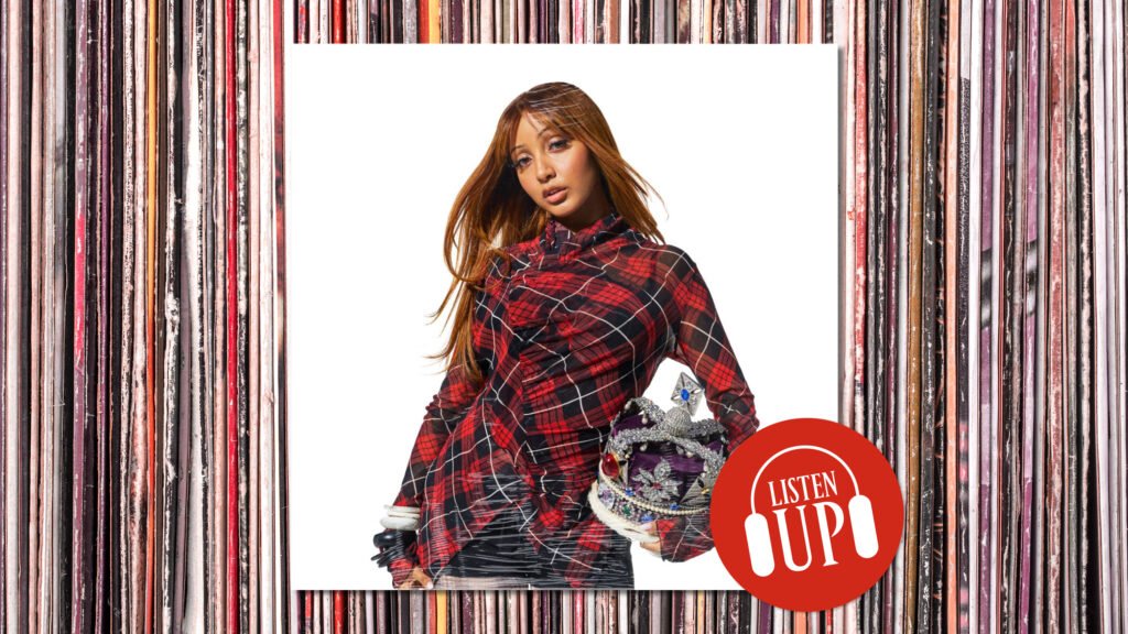 pink pantheress wearing red tartan and holding a crown in an image over what looks like stacks of vinyl records and the marie claire listen up logo