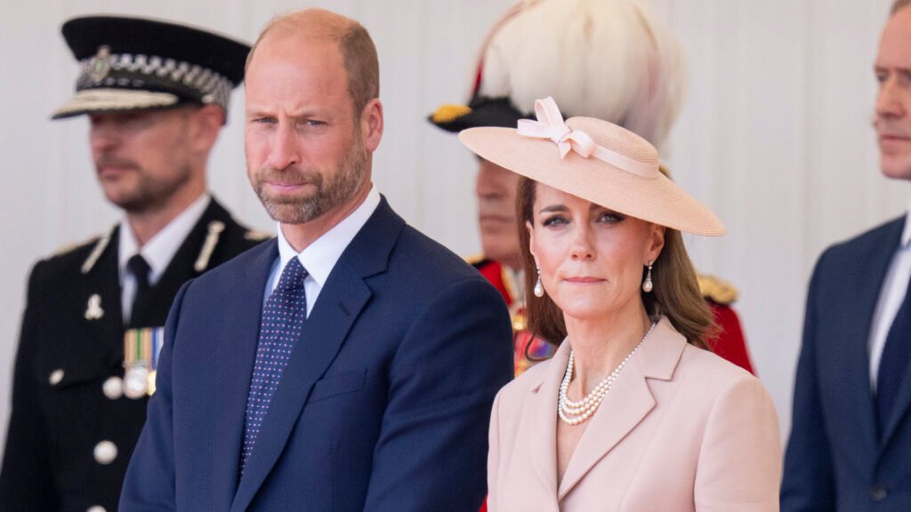 WINDSOR, ENGLAND - JULY 8: Prince William, Prince of Wales and Catherine, Princess of Wales during the formal welcome at the Royal Dais on July 8, 2025 in Windsor, England. President Emmanuel Macron and Mrs Brigitte Macron visit the UK in the first visit State Visit made by France in 17 years. They are staying at Windsor Castle, hosted by King Charles III and Queen Camilla, and a banquet will be held there in their honour. The Macrons will visit Imperial College, and the President will address Parliament during his stay. (Photo by Mark Cuthbert/UK Press via Getty Images)