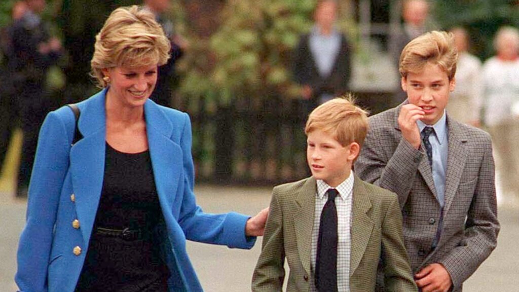 Prince William with Diana, Princess of Wales and Prince Harry on the day he joined Eton in September 1995. (Photo by Anwar Hussein/WireImage)
