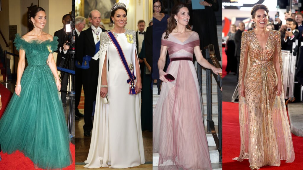 Four photos of Kate Middleton wearing a green, white, pink and gold evening gown