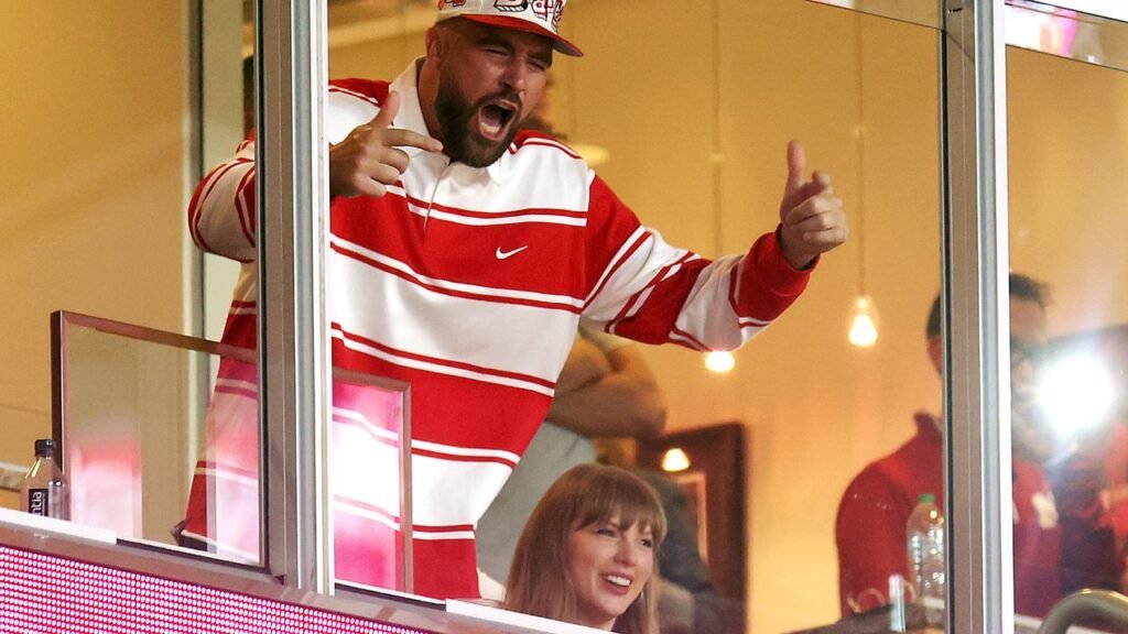 Taylor Swift Does Something Blue, Travis Kelce Goes Game Day Red in First Post-Engagement Outing