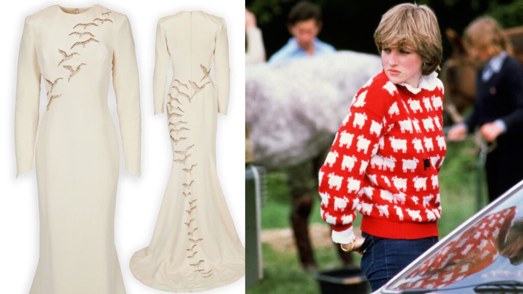 Princess Diana wearing a red sheep sweater and a photo of her Catherine Walker falcon dress