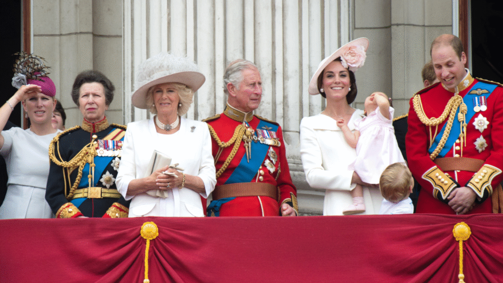 Zara Tindall, Princess Anne, Queen Camilla, King Charles, Kate Middleton and Prince William on the balcony at Buckingham Palace