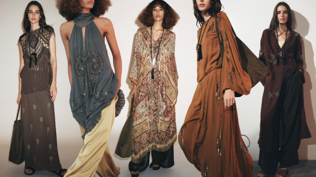 Collage of models wearing Zara's boho fall collection on a gradient background
