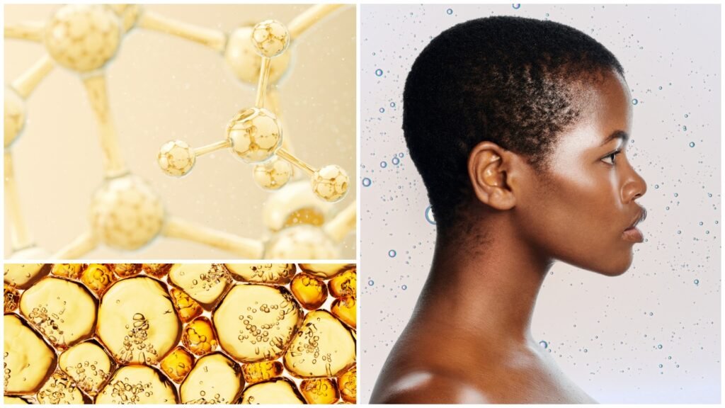 10 Best Exosome Skincare Treatments, Tested and Reviewed side profile of a woman with glowing skin, skincare molecules, serum molecules on a yellow background