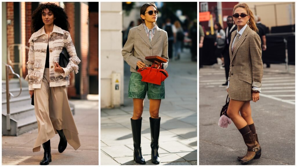 collage of women wearing fall boots