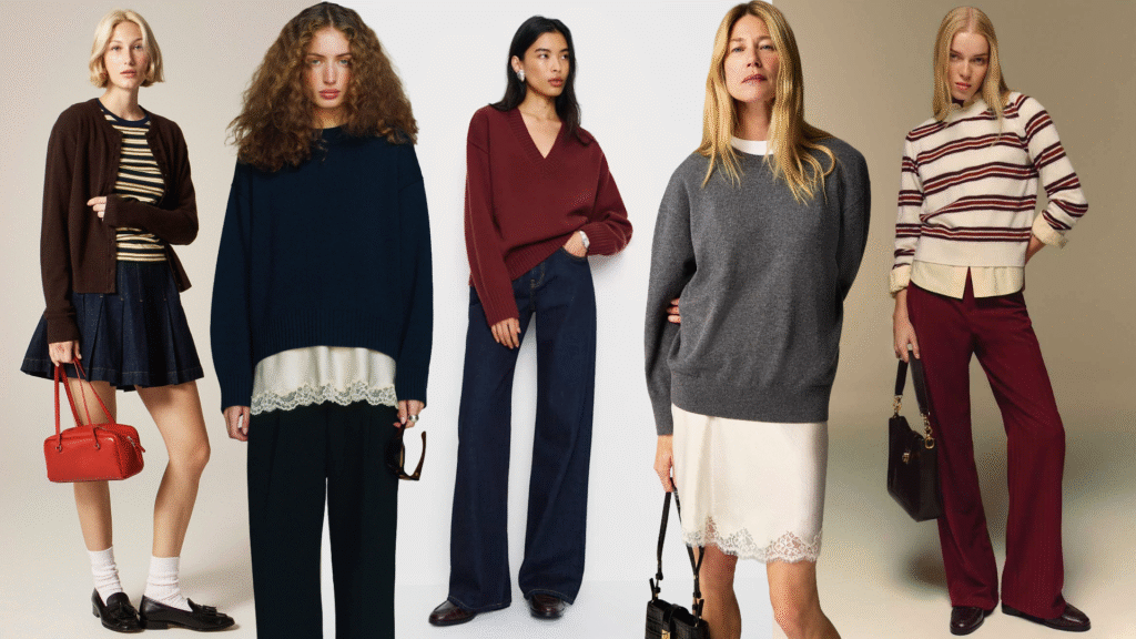 Split image of models wearing cashmere sweaters from J.Crew and Reformation on gradient background