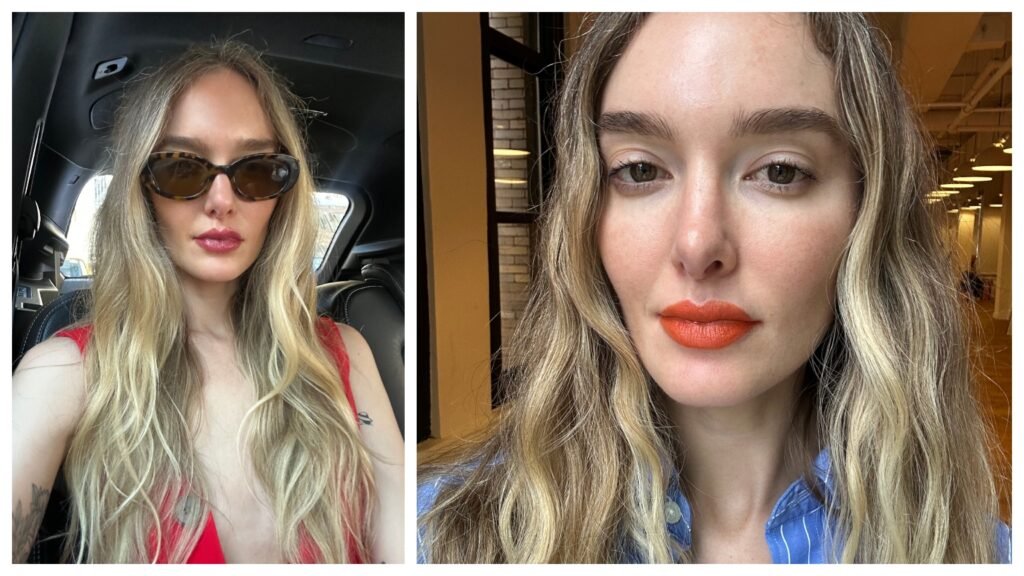 5 Best Fall 2025 Lipstick Colors, Tested by a Beauty Editor Hannah Baxter wears a pinky-red lip color with sunglasses and a red dress (left). Hannah Baxter wears an orange-red lipstick color and a blue striped shirt (right).