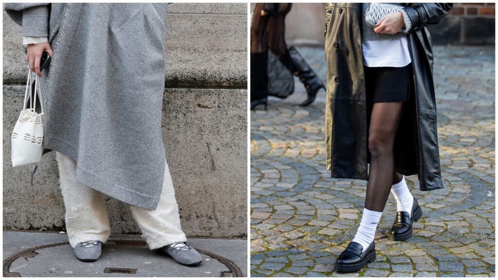 5 Fashion Week-Approved Shoe Formulas That Make Dressing Effortless collage of women wearing ballet sneakers and loafers