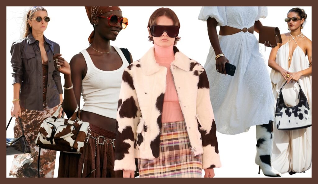 women wearing cow print bags, jackets, boots