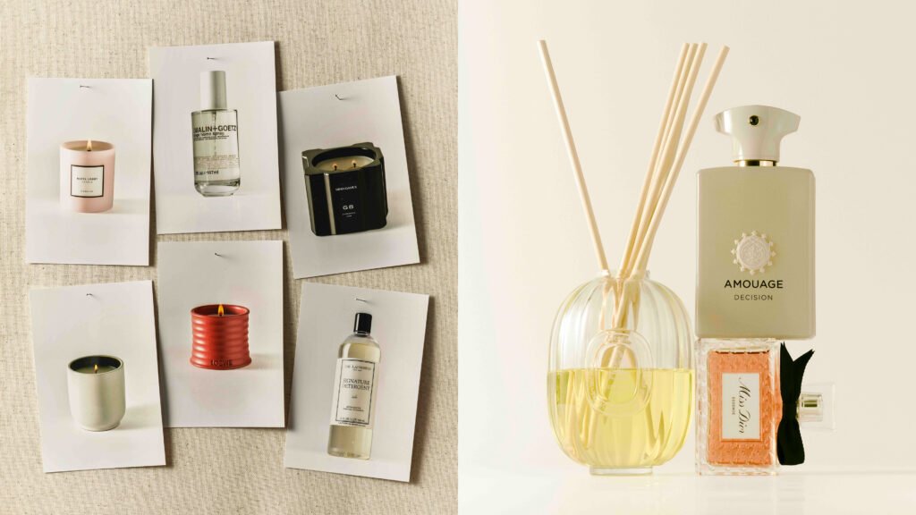 collage of hotel lobby candle, malin and goetz sage room spray, mind games M8 candle, homecourt cocomoi candle, loewe tomato candle, laundress detergent, diptyque diffuser, miss dior perfume, and amouage decision on a cream colored background
