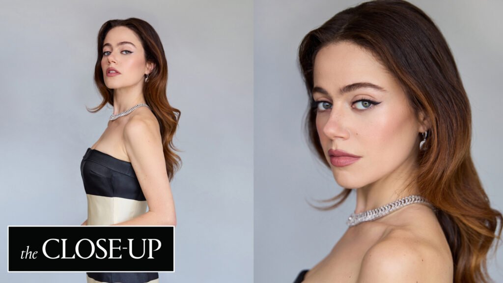 a split image of molly gordon wearing a black and white armani dress and a close up of her makeup at the 2025 emmys