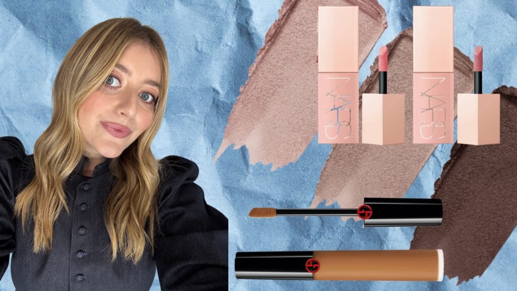 girl on a blue background with makeup swatches