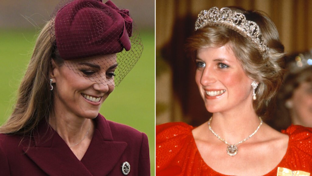 Kate Middleton wears a dark red coat dress with a matching hat and Princess Diana's Queen Alexandra Three-Feather Brooch