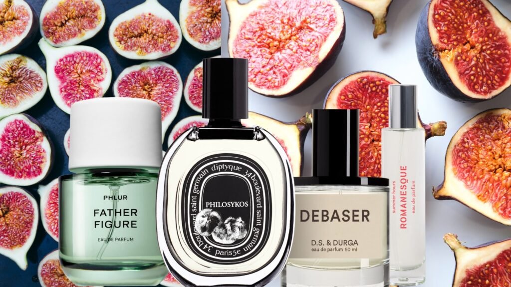 a background with fig fruits and four glass bottles of fragrance with black labels