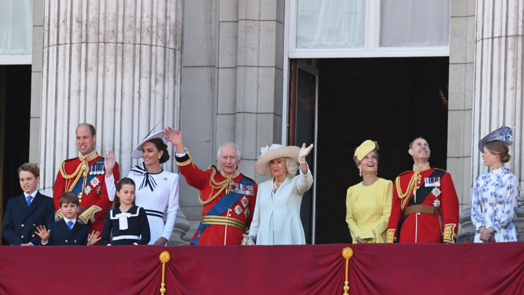 King Charles and Queen Camilla posing with members of the Royal Family on the Buckingham Palace balcony