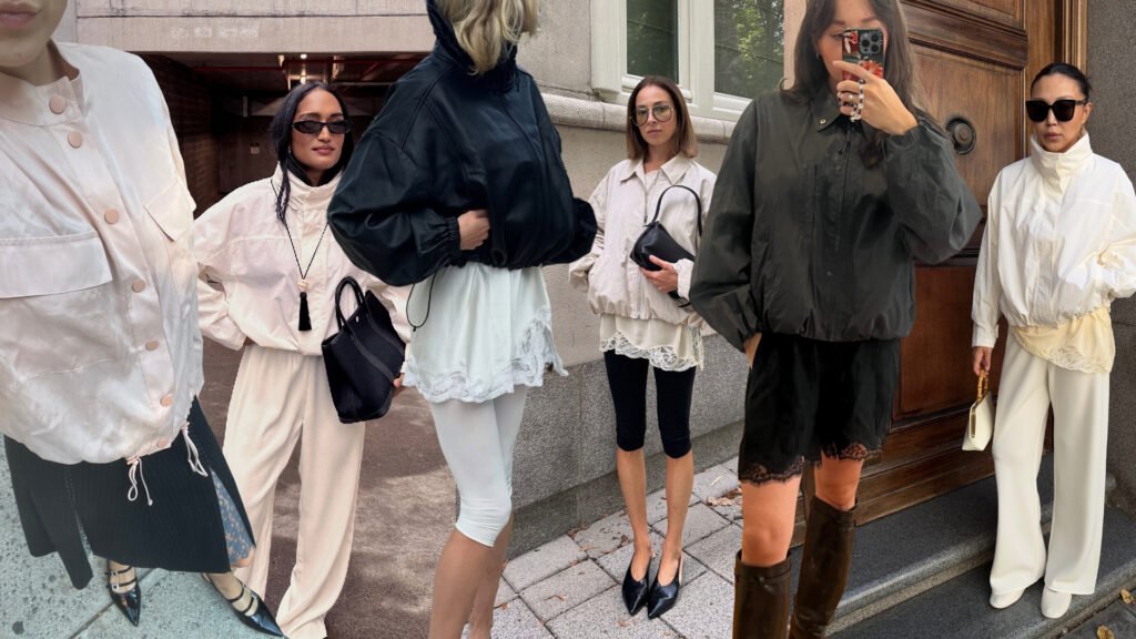 a collage of women wearing bohemian windbreaker outfits with lace skirts, shorts, and pants