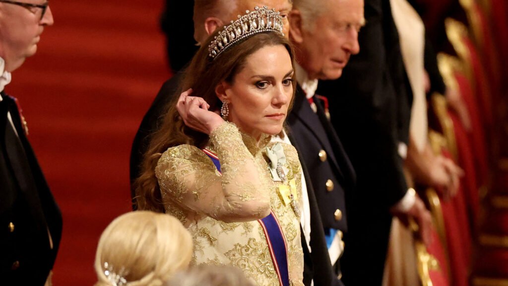 WINDSOR, ENGLAND - SEPTEMBER 17: Britain's King Charles, U.S. President Donald Trump and Britain's Catherine, Princess of Wales take their seats during a State Banquet at Windsor Castle for the State visit by the President of the United States of America on September 17, 2025 in Windsor, England. President Trump is in England from Sept. 16-18 on his second UK state visit, with the previous one taking place in 2019 during his first presidential term. (Photo by Phil Noble - WPA Pool/Getty Images)