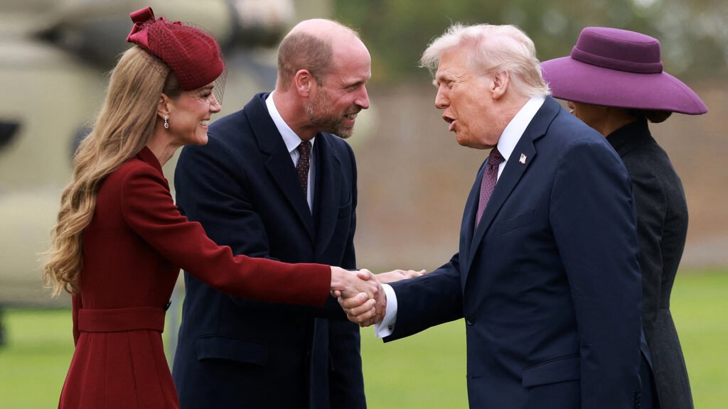 TOPSHOT - US President Donald Trump and First Lady Melania Trump are greeted by Britain's Prince William, Prince of Wales and Britain's Catherine, Princess of Wales, upon their arrival at the grounds of Windsor Castle, in Windsor, on September 17, 2025, for the start of a second State Visit. (Photo by Ian Vogler / POOL / AFP) (Photo by IAN VOGLER/POOL/AFP via Getty Images)
